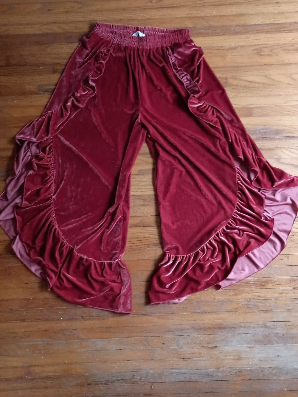 Velvet Ruffle Wide-Leg Pants in Deep Orange